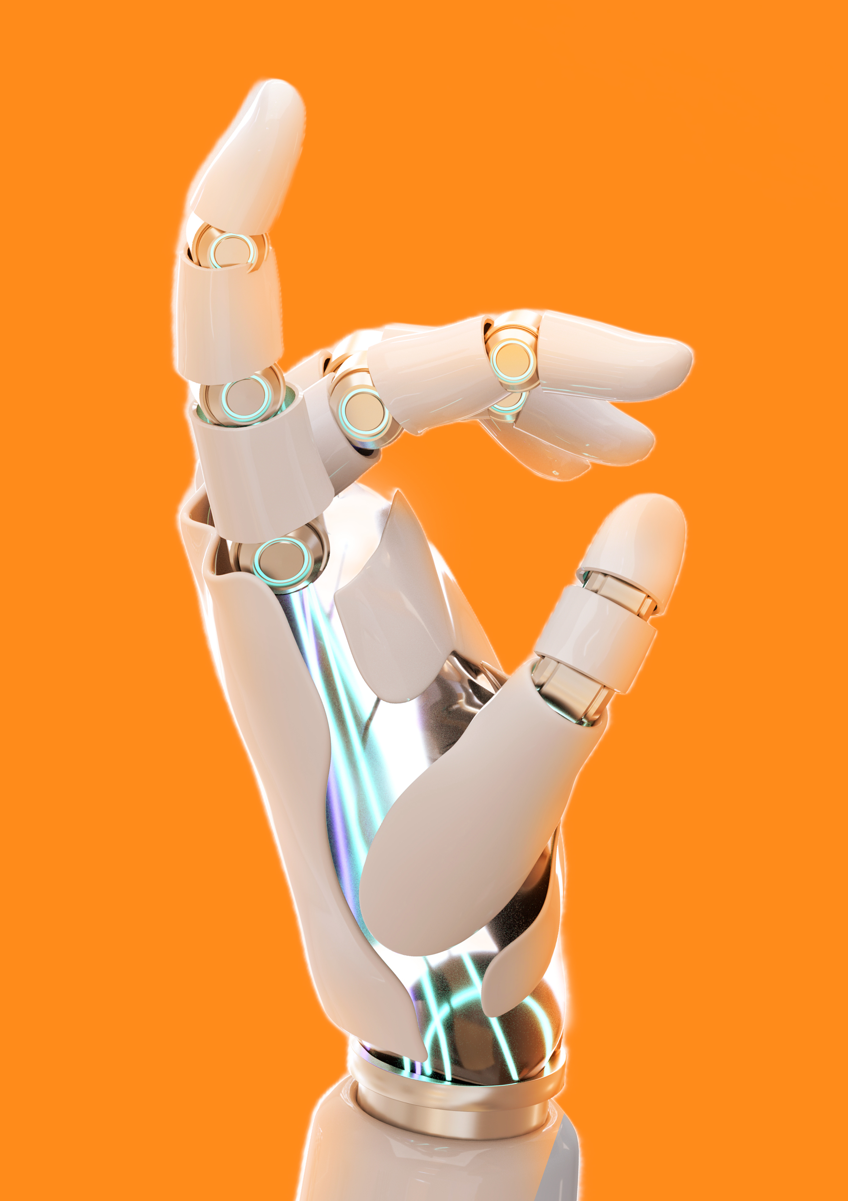 Robot hånd der peger op imod himlen